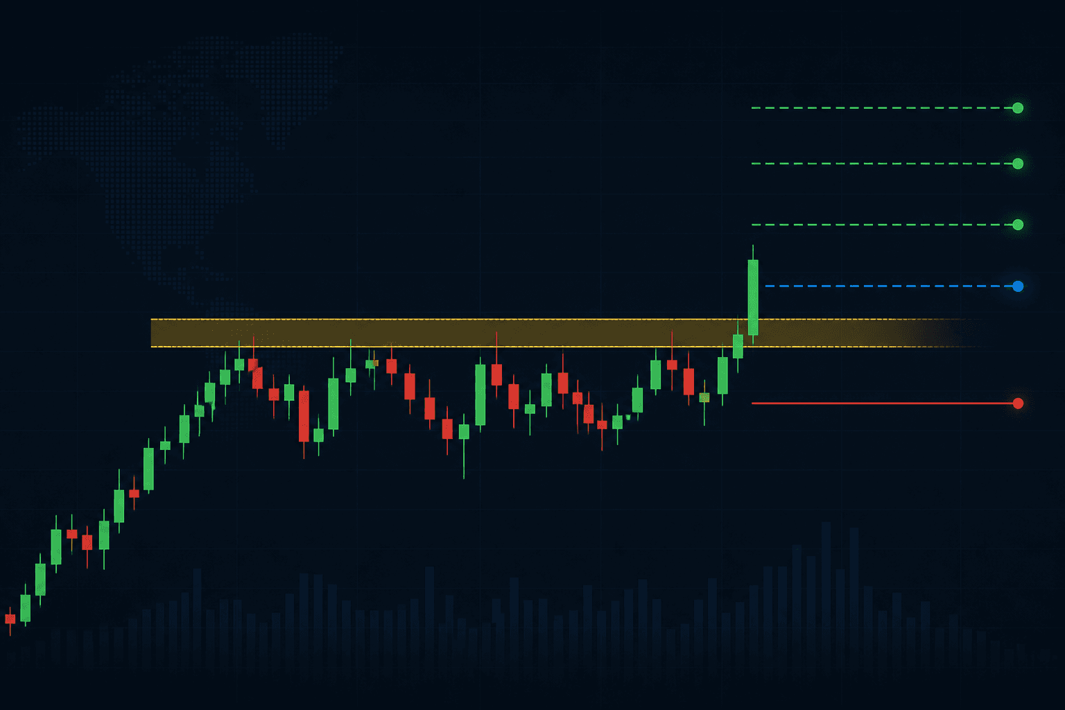 Weekly candlestick chart showing a resistance breakout with entry, stop-loss, and profit targets marked