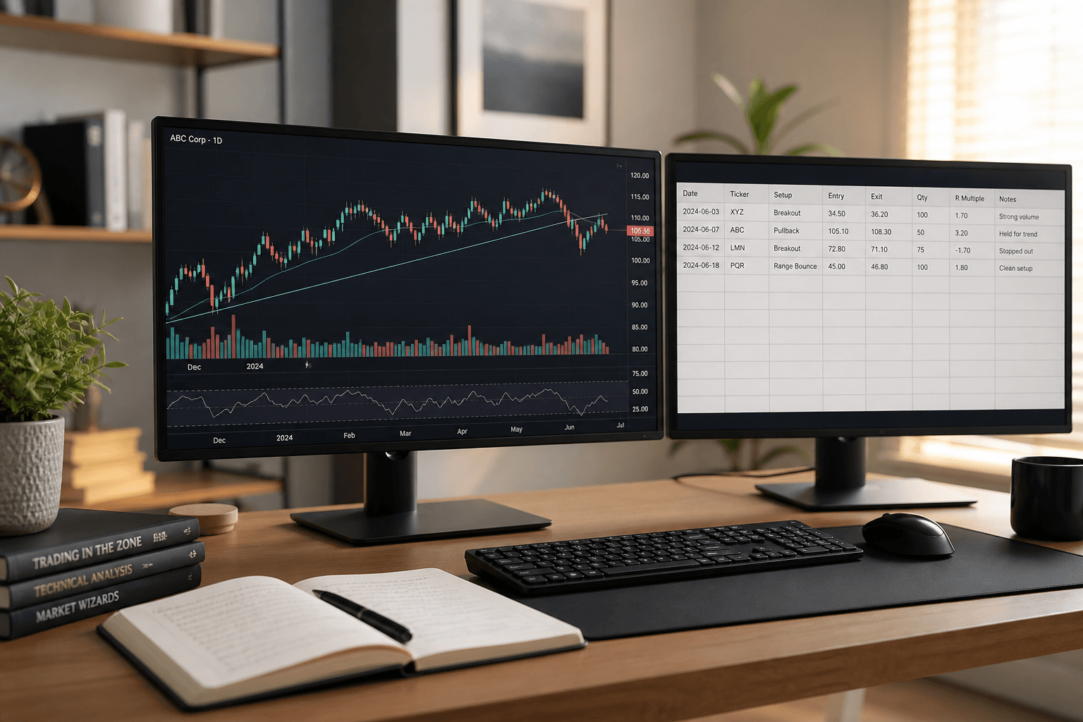 Swing trader reviewing multi-day charts and a trading journal on screen