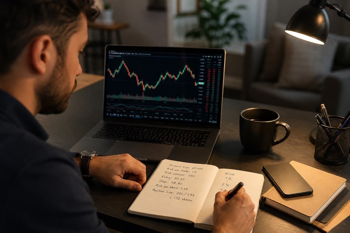 Trader planning position sizes with charts and notes at a desk