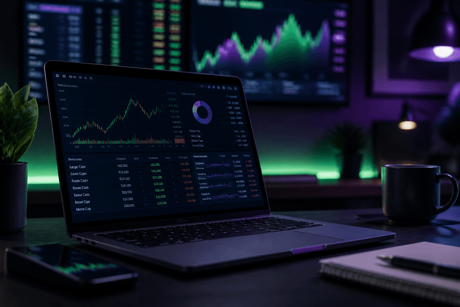 Trading analytics dashboard showing sector and market cap performance breakdown