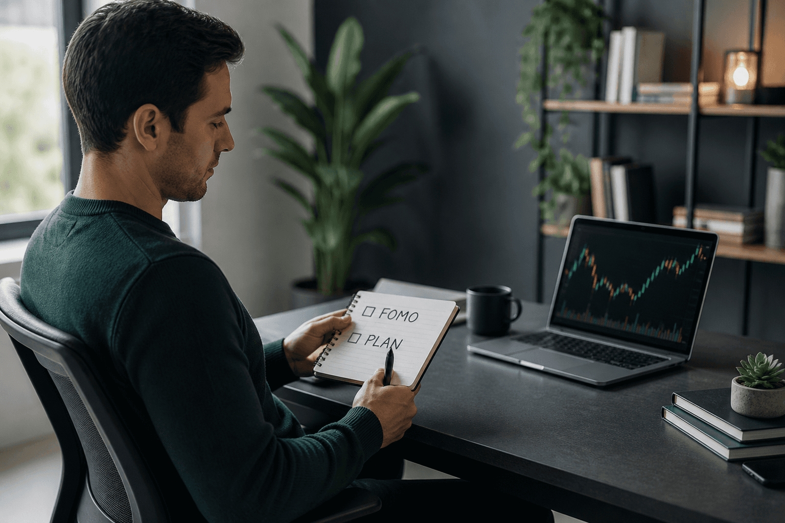 Trader pausing before a decision with journal notes and charts on screen