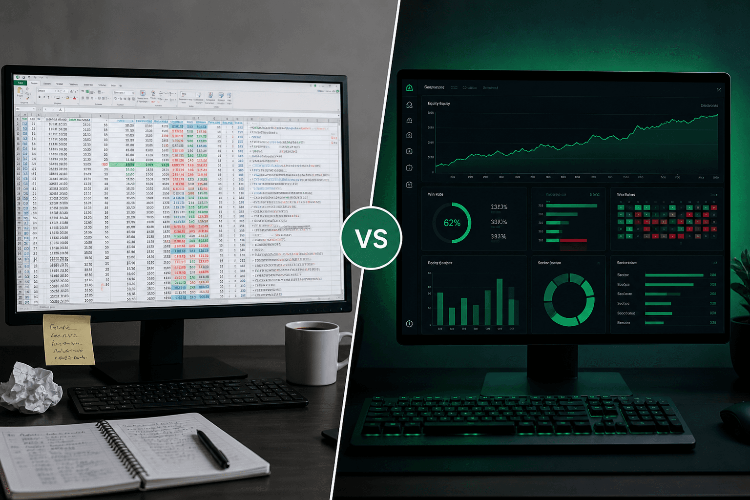 Swing trading analytics dashboard comparing journal performance metrics