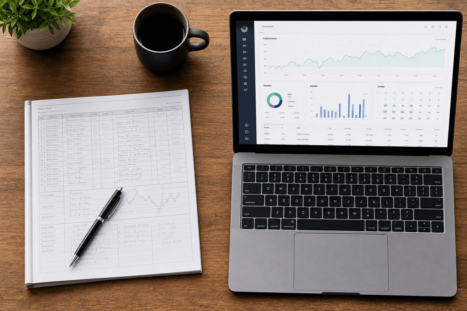 Trader comparing a printed trading journal PDF with an online trading journal on laptop
